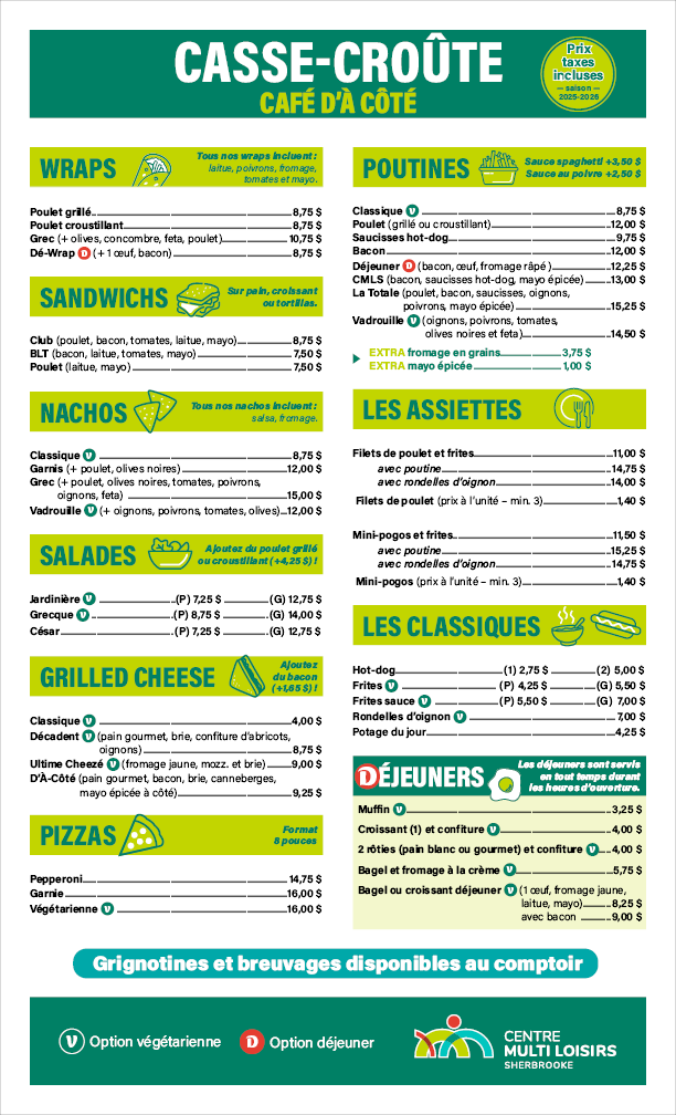 menu-cmls2025 Menu du casse-croûte Café d’à côté - Saison 2025-2026 - Centre Multi Loisirs Sherbrooke