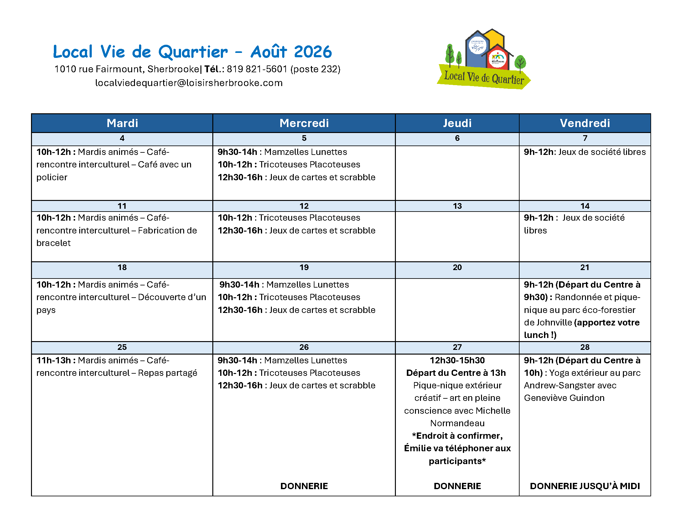 lvdq-aout2026 Local Vie de Quartier - Calendrier des activités août 2026 - Centre Multi Loisirs Sherbrooke
